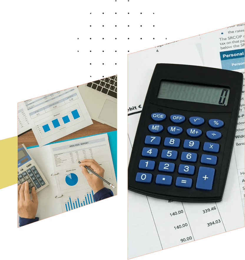 Calculator and person analyzing financial charts.