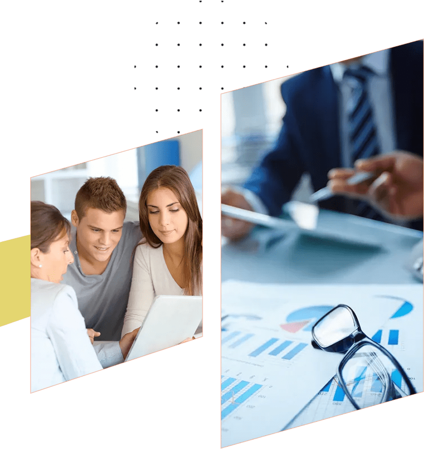 People discussing business charts and graphs.