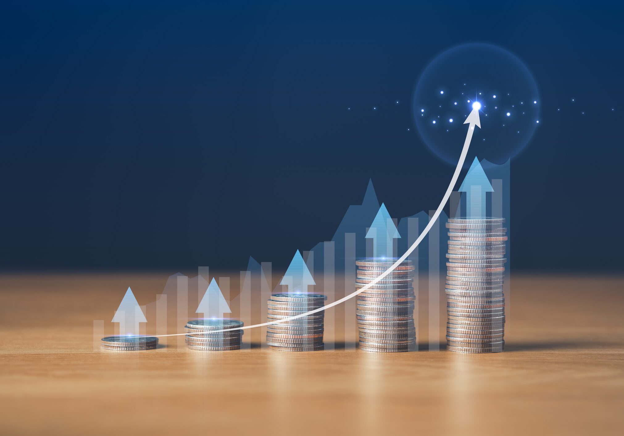 Stacks of coins with upward arrow graph.